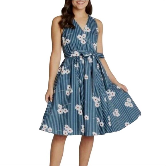 Modcloth Instant Energy Faux-Wrap Midi Dress 6 Blue Floral Tie Waist Sleeveless - Picture 1 of 8